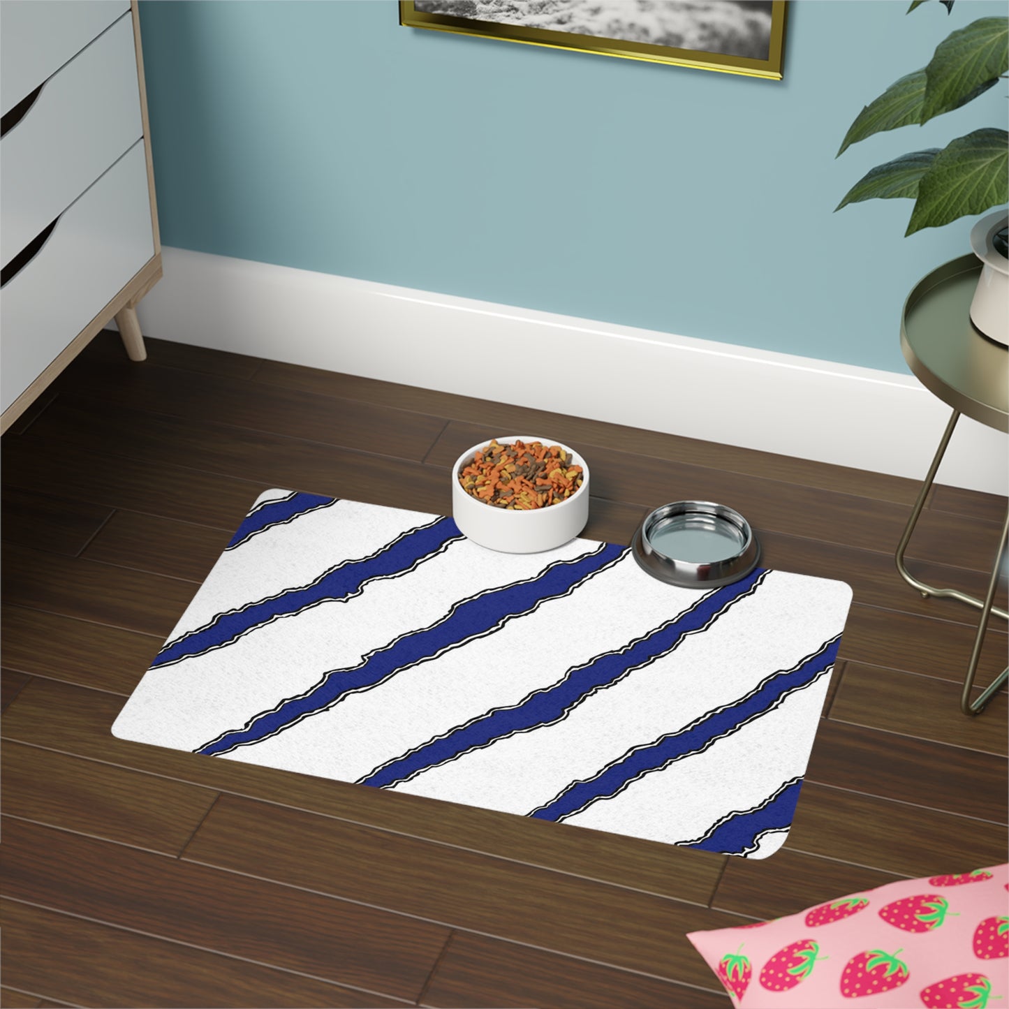 White 12x18 Pet Food Mat with Blue Slashes