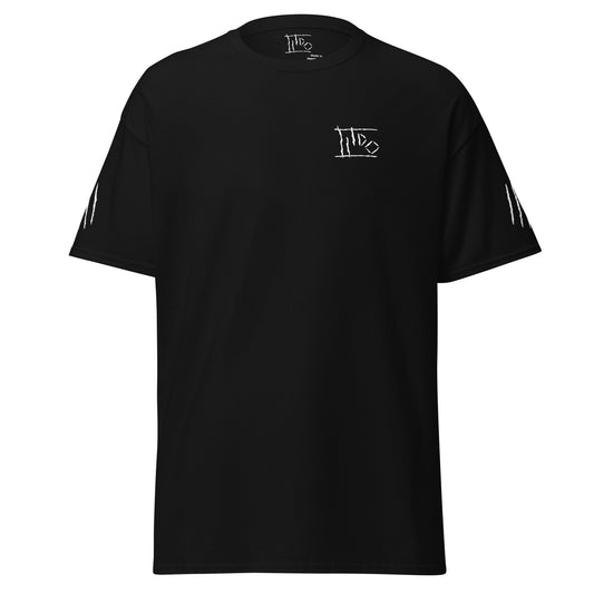 Navy blue t-shirt with a small graphic on the chest against a white background