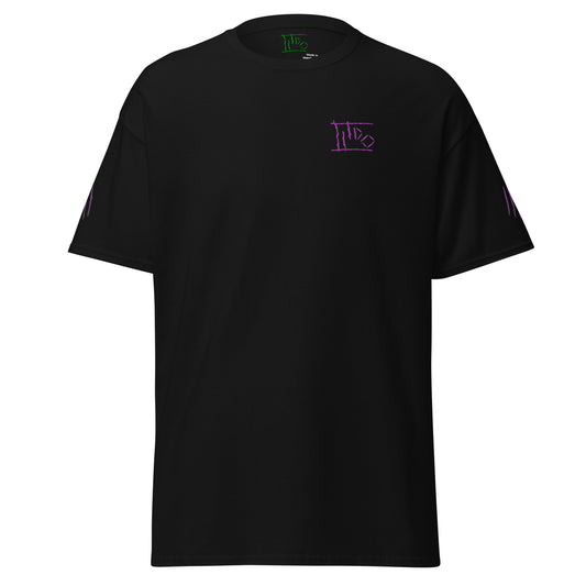 Black t-shirt with a small graphic and text on a white background