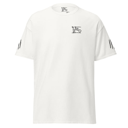 A white short-sleeve crewneck t-shirt with black graphic prints. The chest features a stylized 'Into the' logo, and the sleeves have three vertical black stripes, shown against a plain white background.