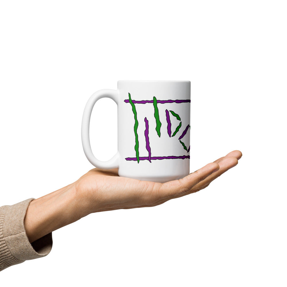 White Glossy Mug with Purple & Green Logos