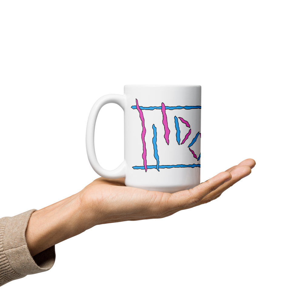 White Glossy Mug with Pink & Cyan Logos