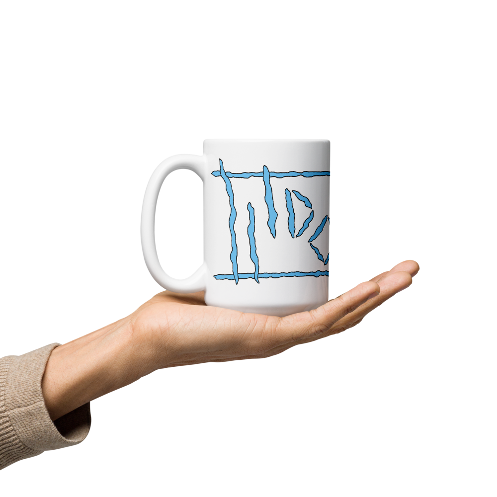White Glossy Mug with Light Blue Logos