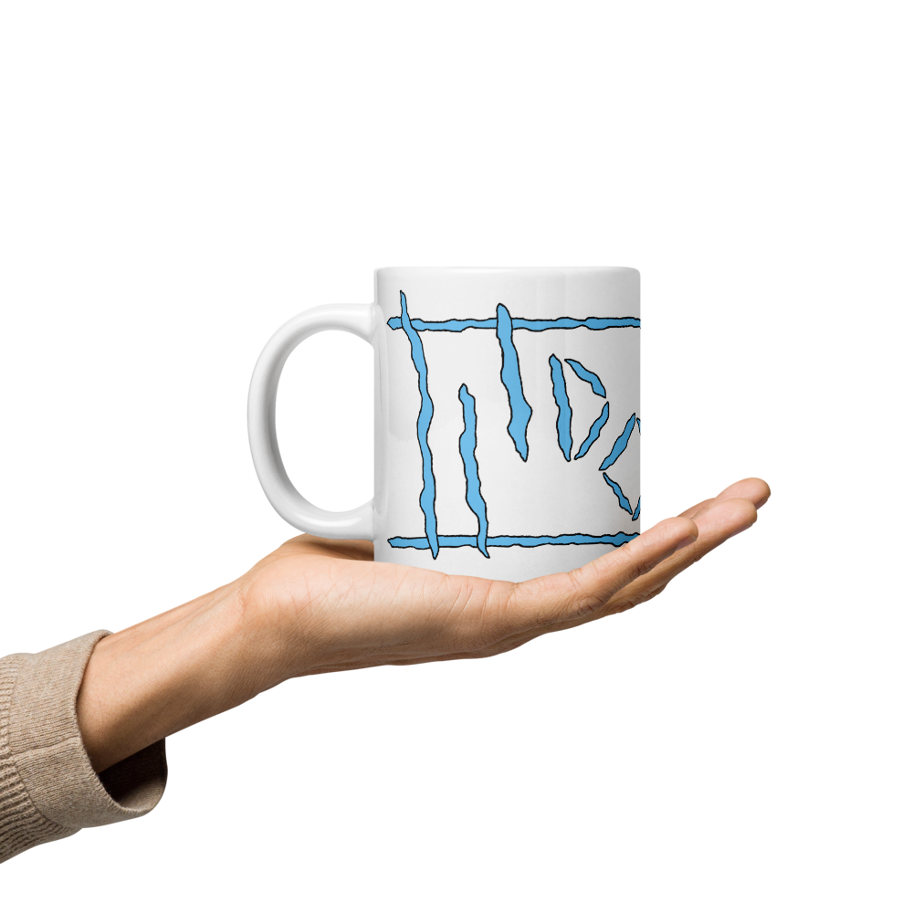 White Glossy Mug with Light Blue Logos