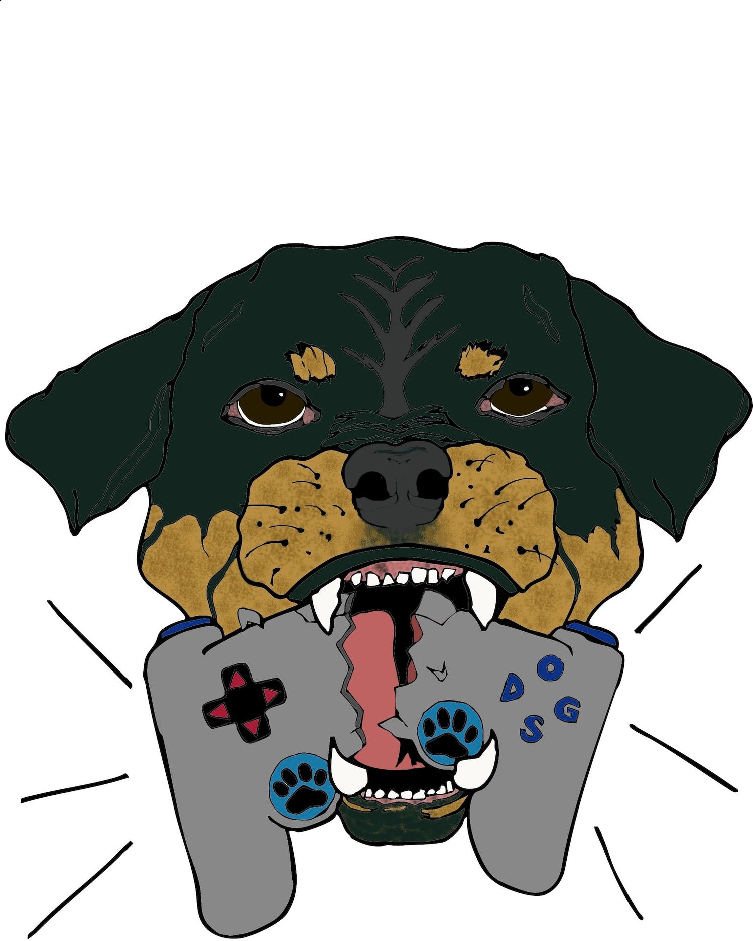 Drawing of Rottweiler biting a video game controller