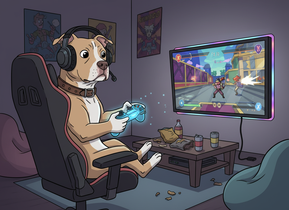 Drawing of Rottweiler biting a video game controller