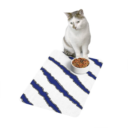 White 12x18 Pet Food Mat with Blue Slashes