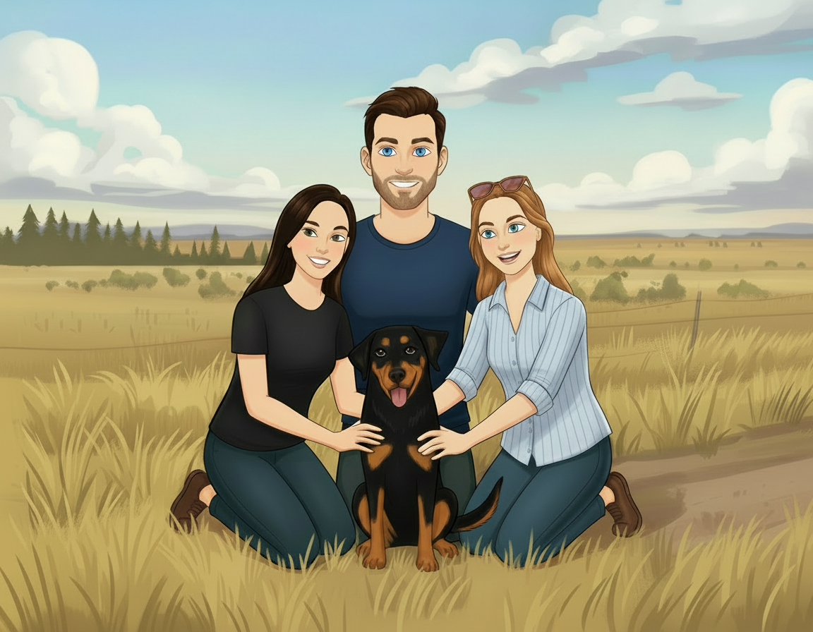 Illustration of a family with a dog sitting in a field