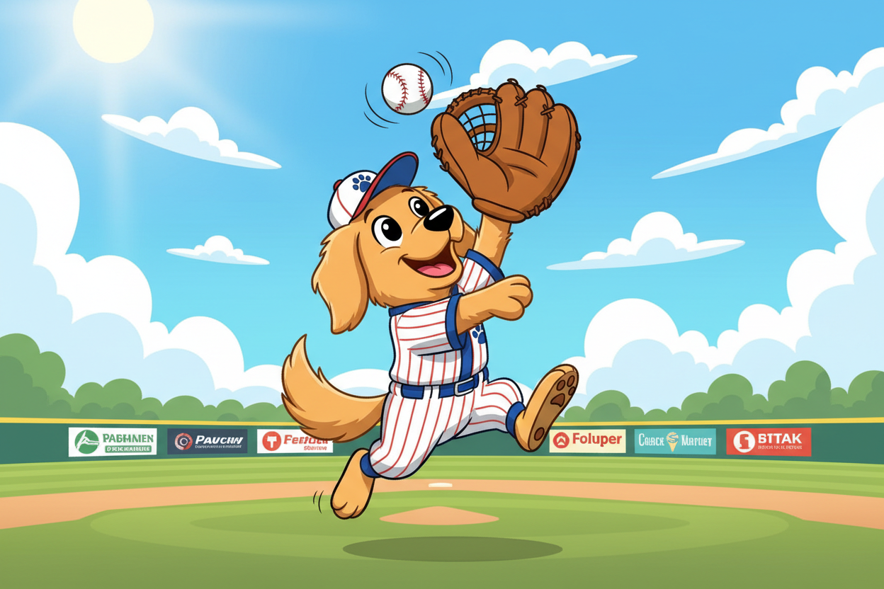 Cartoon dog in a baseball uniform catching a ball on a baseball field with a blue sky.
