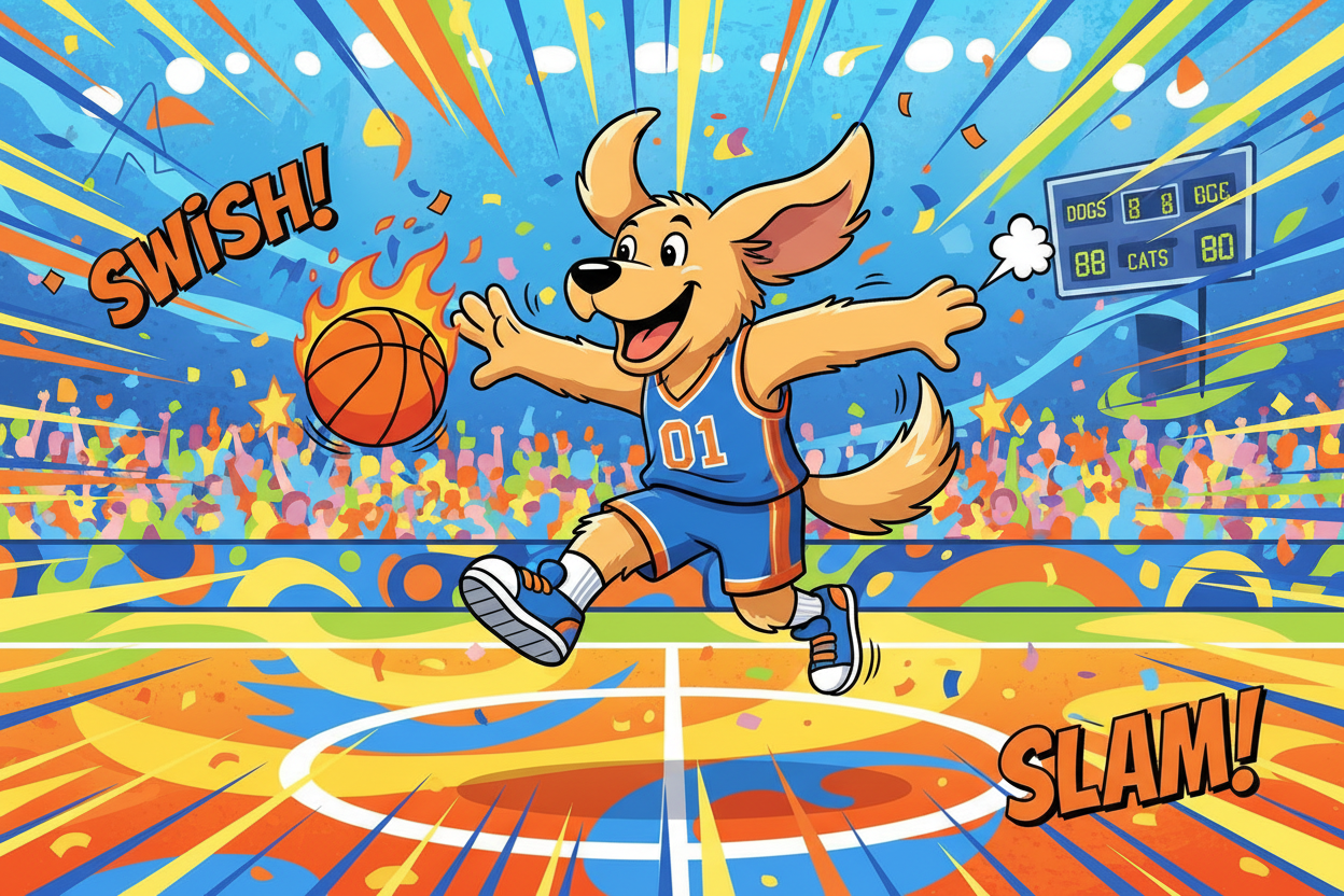 Cartoon dog playing basketball with colorful background and 'Swish!' and 'Slam!' text.
