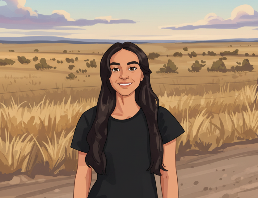 Illustration of a person with long dark hair standing in a field with a scenic background