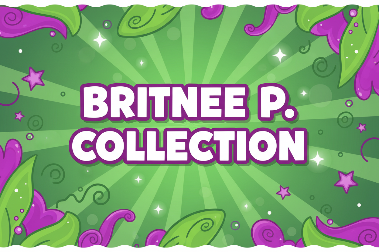 Decorative graphic with 'BRITNEE P. COLLECTION' text on a green and purple background