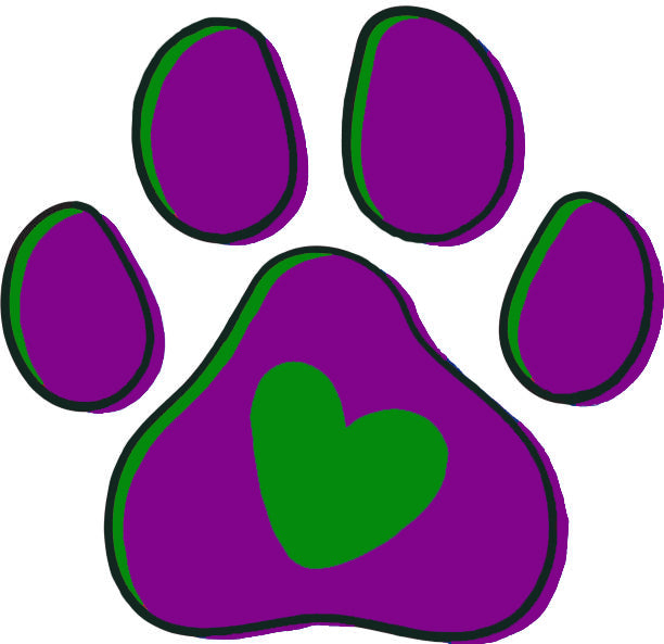 Purple paw print with a green heart in the center on a white background