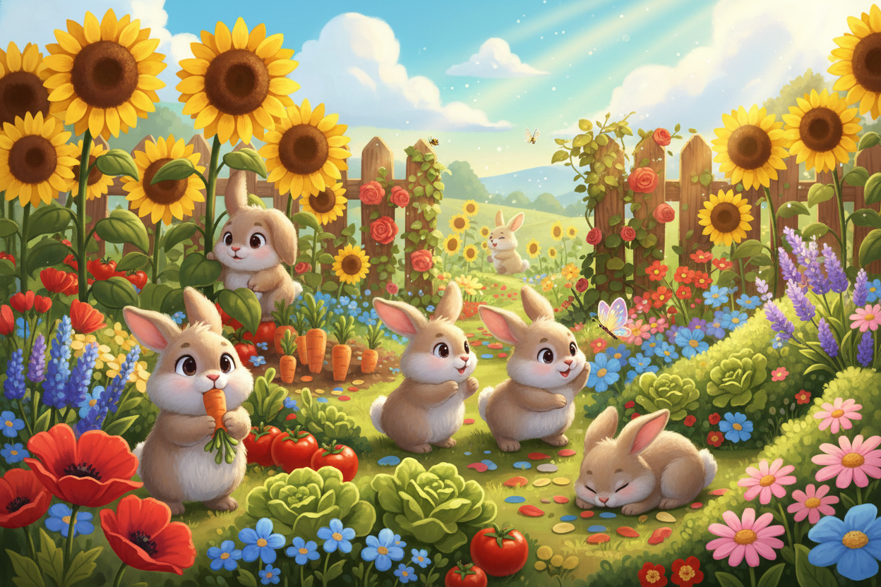 Illustration of bunnies in a garden with sunflowers, carrots, and flowers.