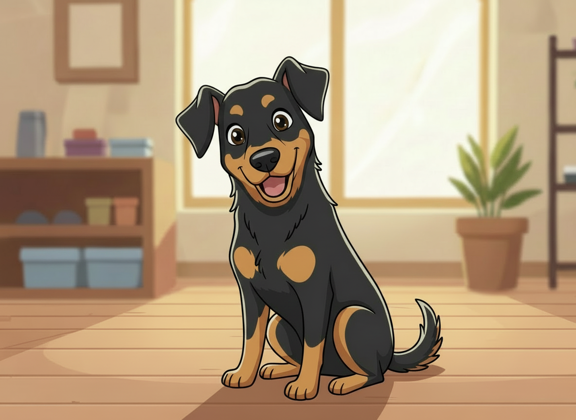 Cartoon dog sitting on a wooden floor in a room with shelves and a plant.