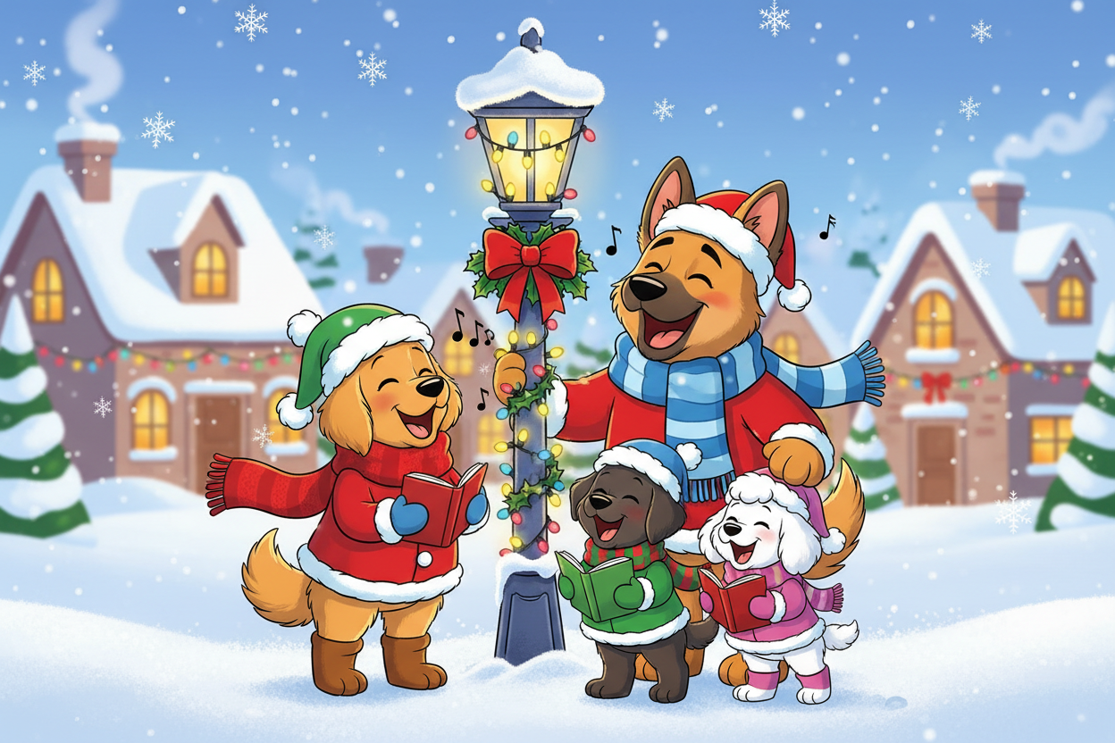 Cartoon dogs in winter clothing singing carols in a snowy village.