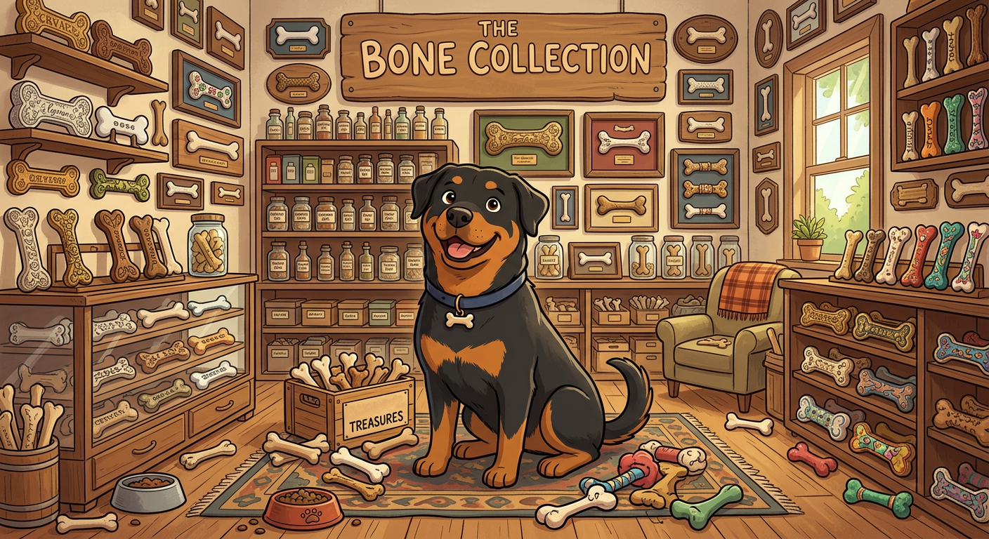 Illustration of a dog in a store named 'The Bone Collection' with various dog-related items.