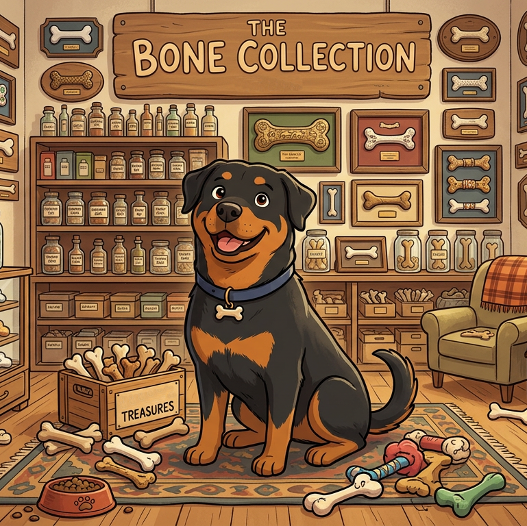 Cartoon dog in a room with shelves, bottles, and bone-themed decor.