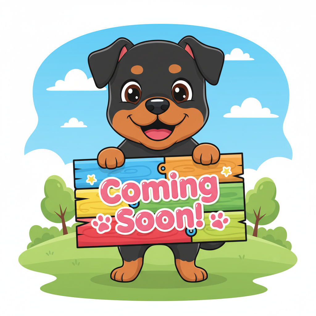 cartoon Rottweiler dog holding a sign that says "Coming Soon!"