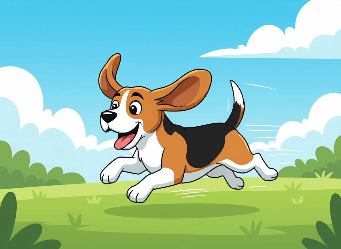 Cartoon dog running on grass with a blue sky background