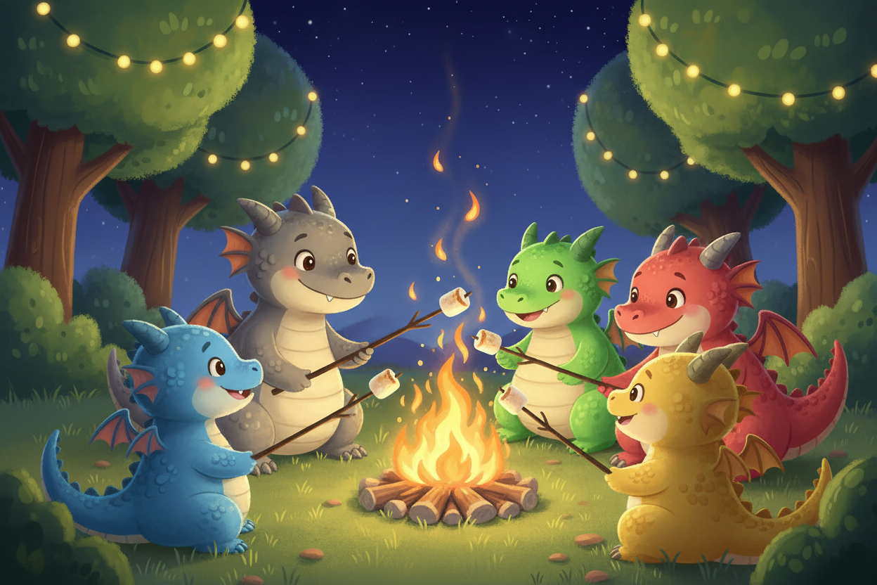 Five colorful dragons around a campfire in a forest at night.
