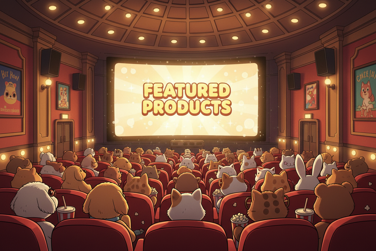 Illustration of a movie theater with animal characters watching a 'Featured Products' screen.