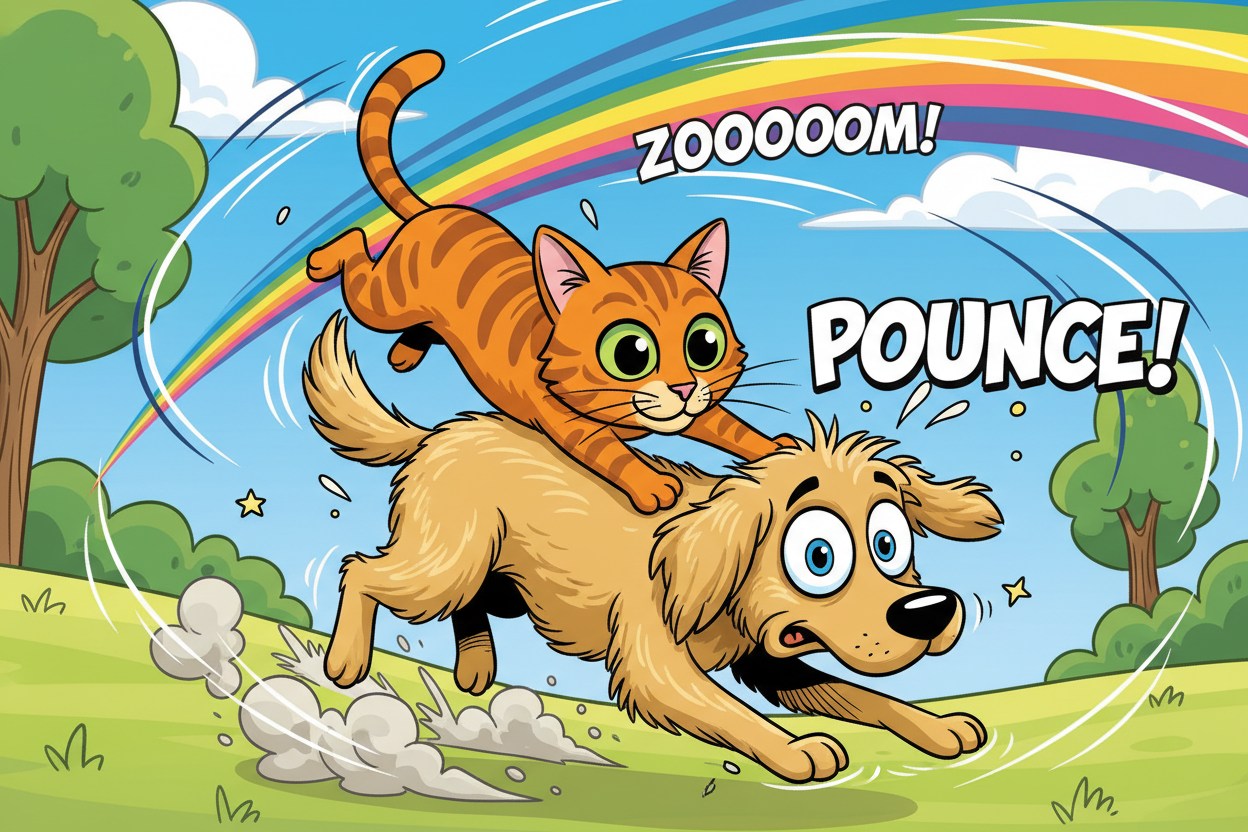 Cartoon cat pouncing on a dog with a rainbow and 'Pounce!' text in a grassy field.