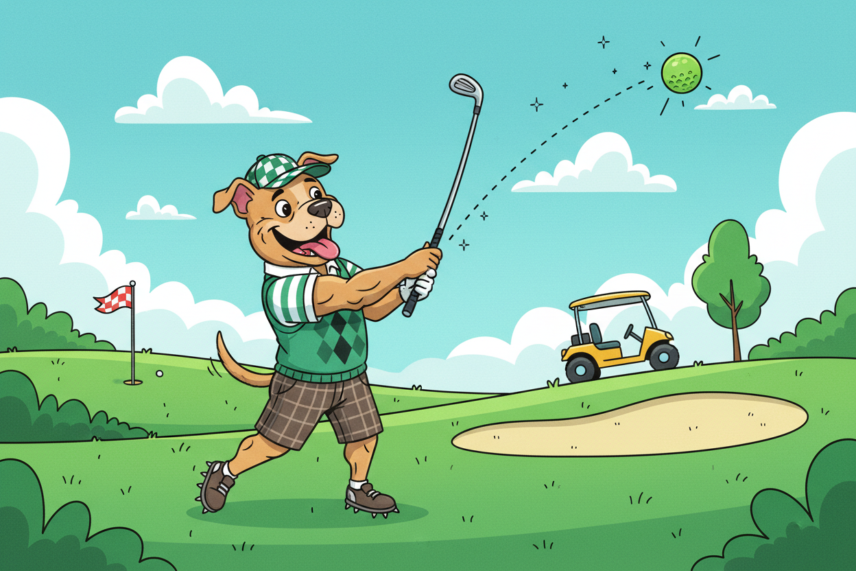 Cartoon dog playing golf on a green course with a blue sky.
