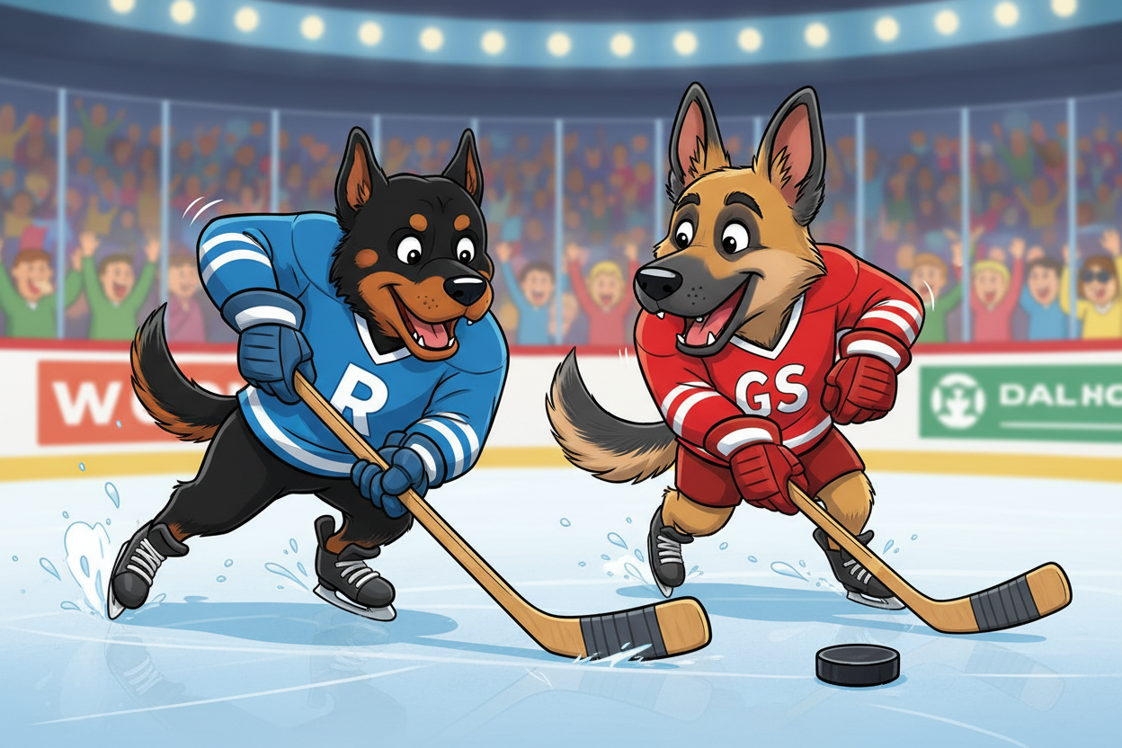 Two cartoon dogs playing hockey on an ice rink with a crowd in the background.
