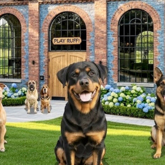 Dog sitting in front of a house with 'Play Ruff!' sign, surrounded by other dogs.