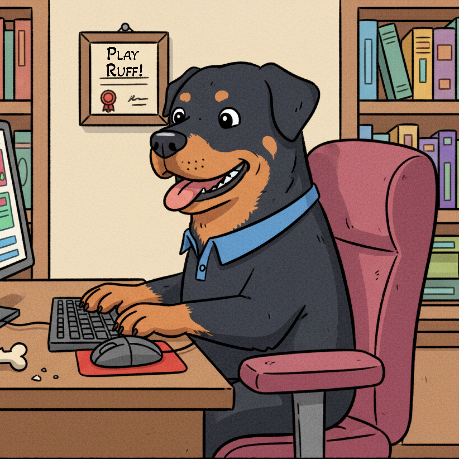 Cartoon Rottweiler at a desk with computer and books on shelves
