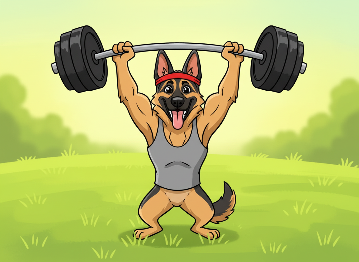 Cartoon dog lifting weights with a green field background