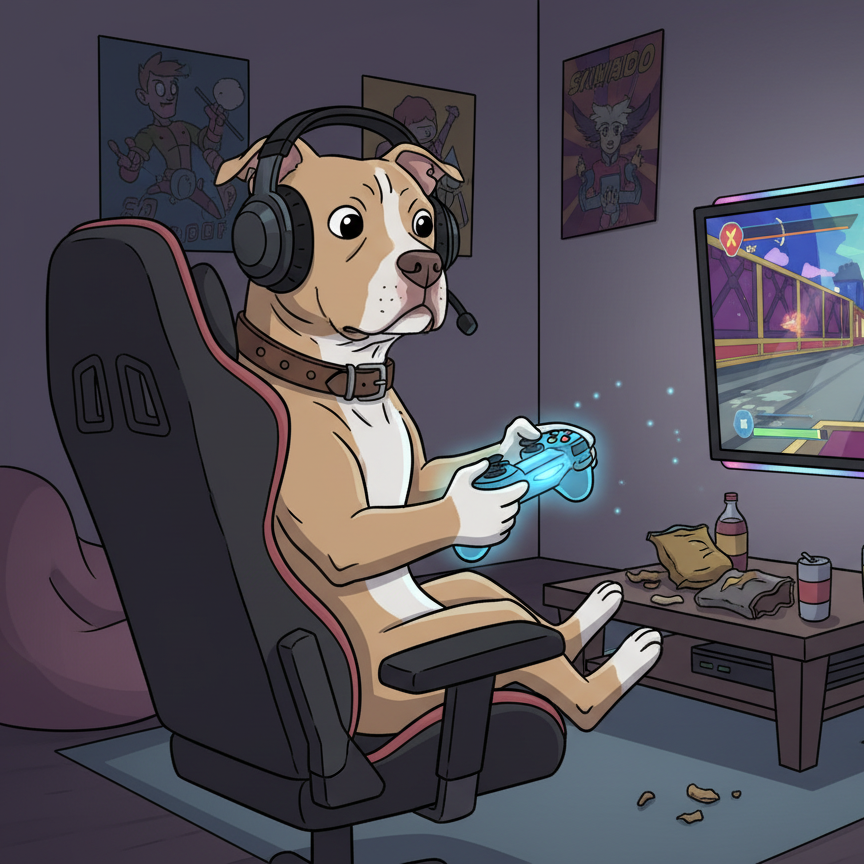 Dog playing video games in a room with gaming chair and console.
