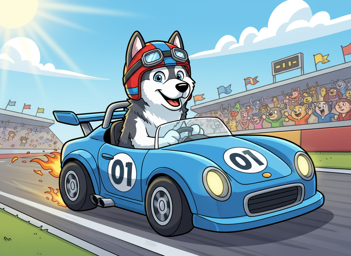 Cartoon dog driving a blue race car with a cheering crowd in the background