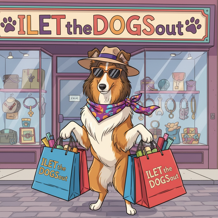 Cartoon dog in a store front with 'I LET the DOGS Out' sign