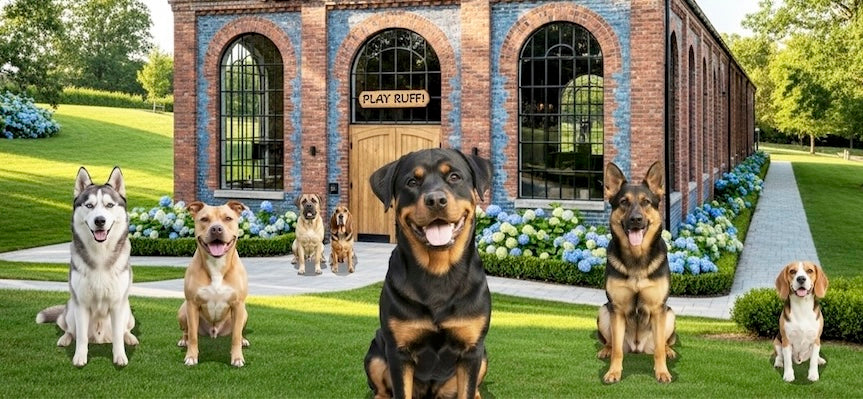 Group of dogs in front of a building with 'Play Studio' sign.