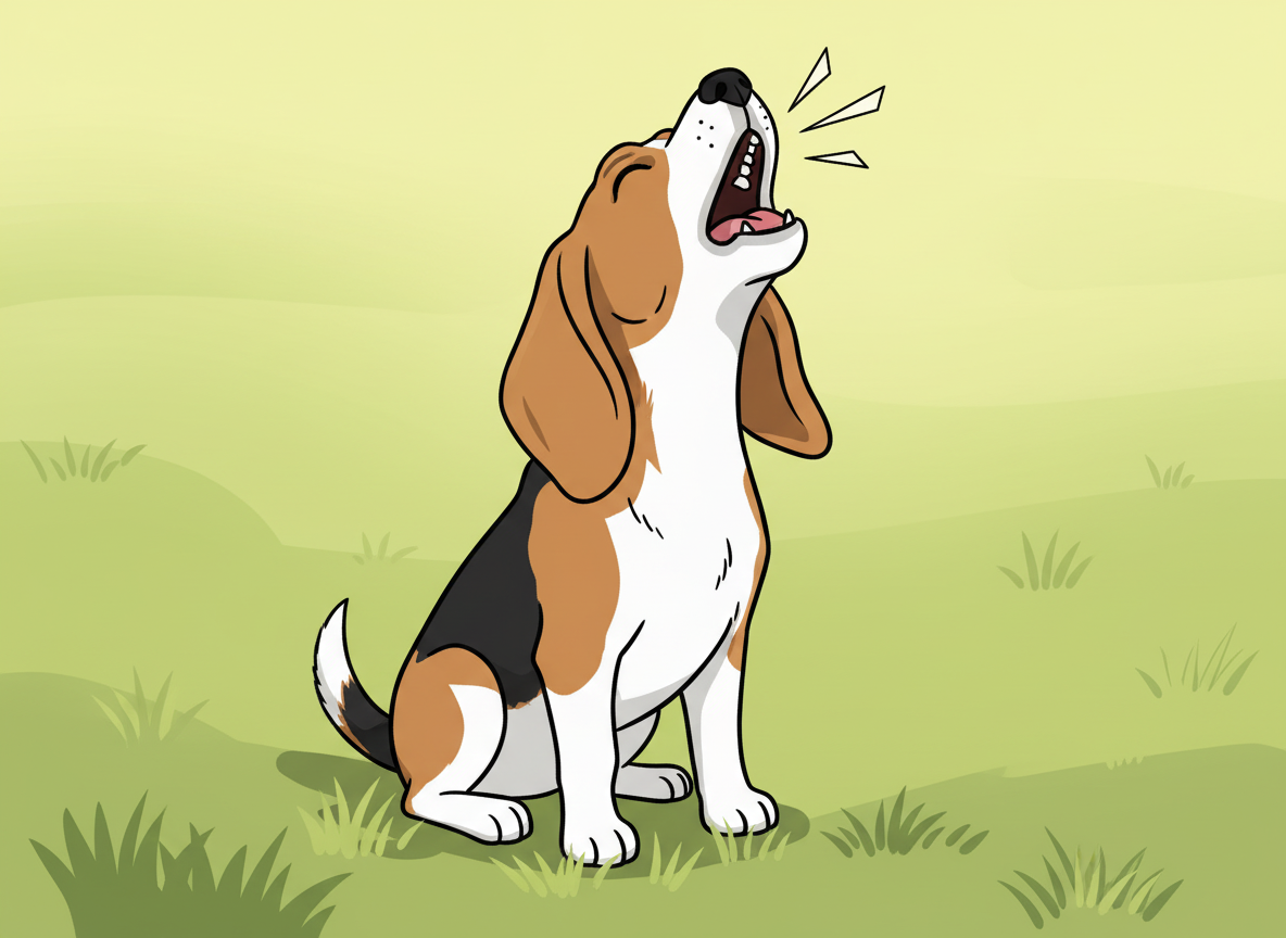 Cartoon Beagle dog sitting on grass barking
