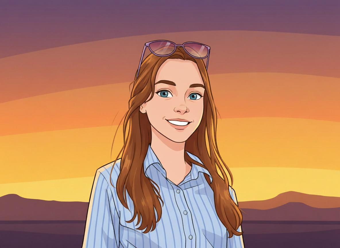 Cartoon-style illustration of a woman with sunglasses on her head against a sunset landscape.