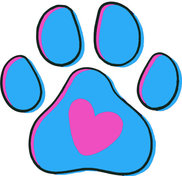 Blue paw print with a pink heart in the center on a white background