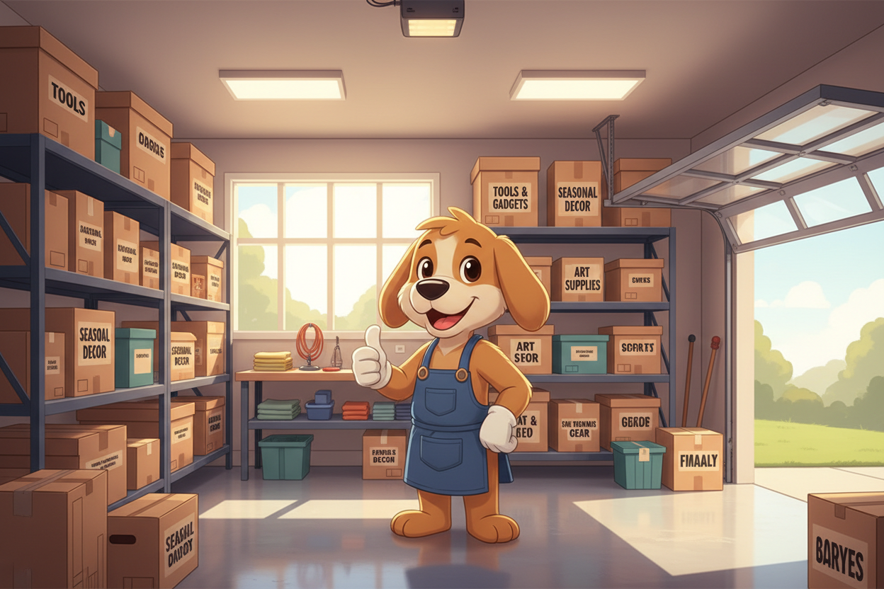 Cartoon dog character in a workshop with shelves and boxes