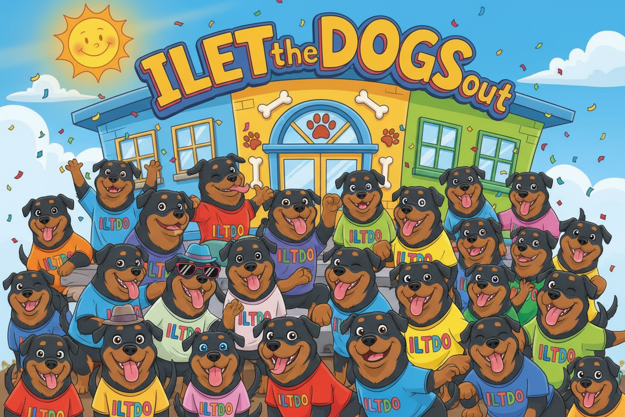 Illustration of dogs in front of a building with 'ILET the DOGS out' text.