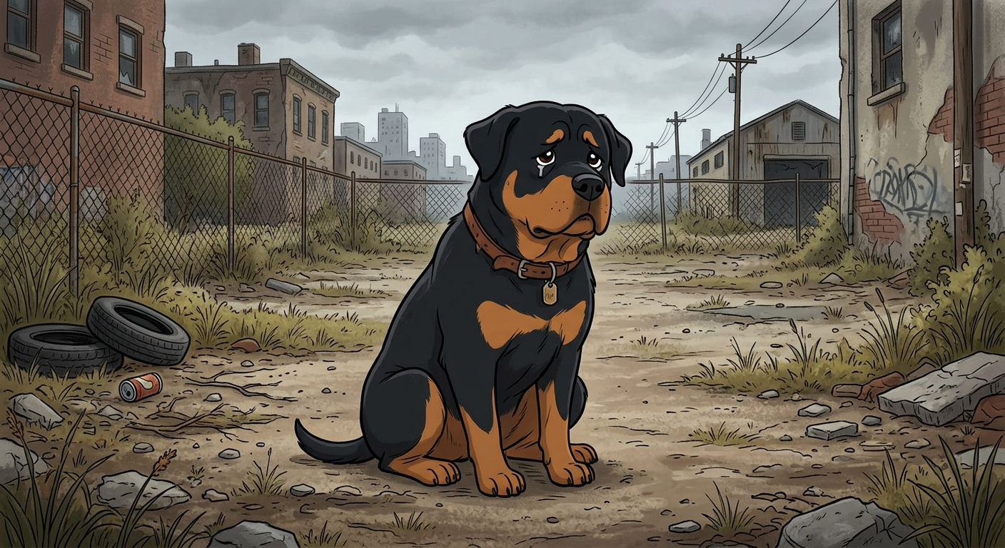 Sad Rottweiler sitting in a run down yard