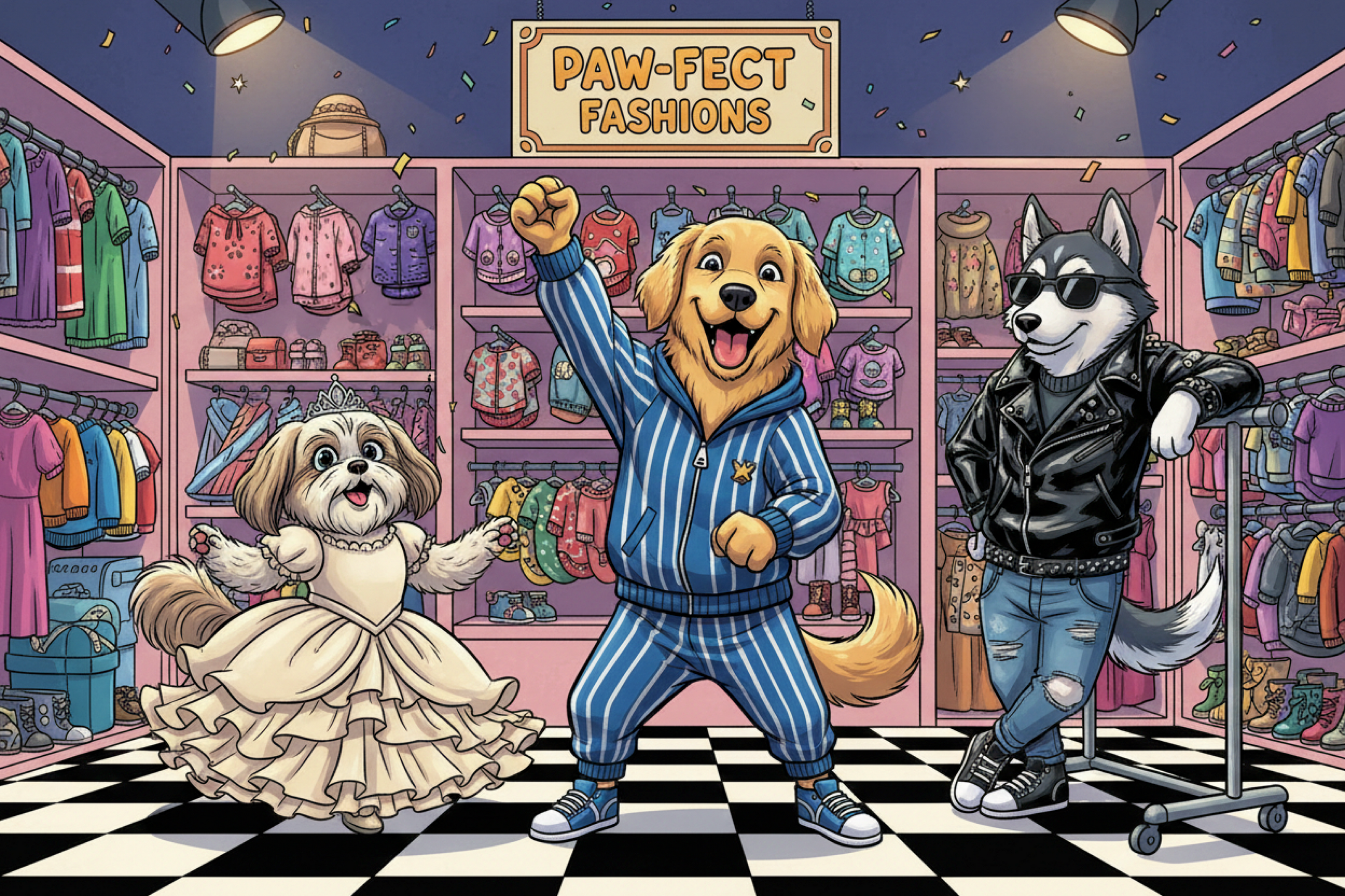 Cartoon dogs in clothing store trying on outfits