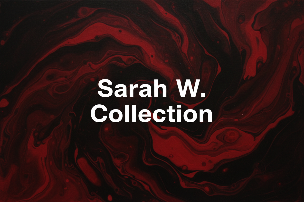 Red and black abstract design with 'Sarah W. Collection' text