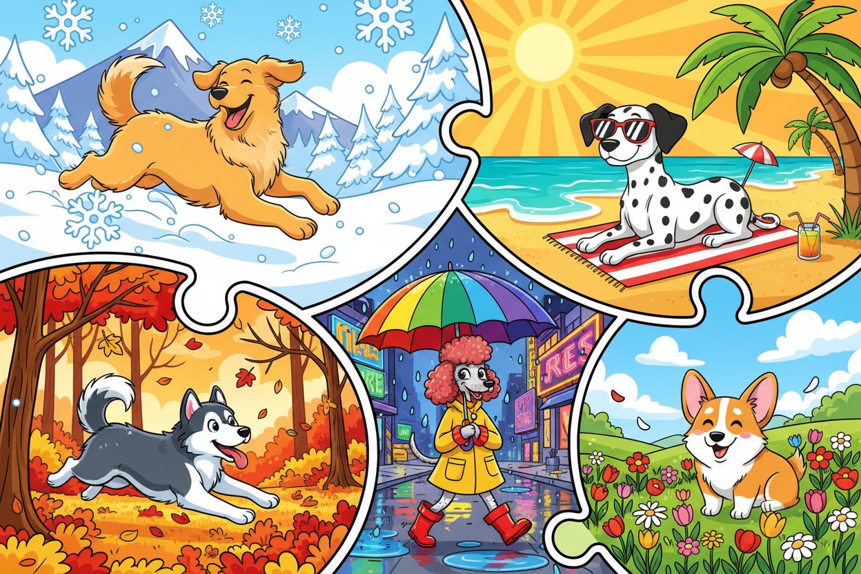 Collage of cartoon dogs in different weather climates