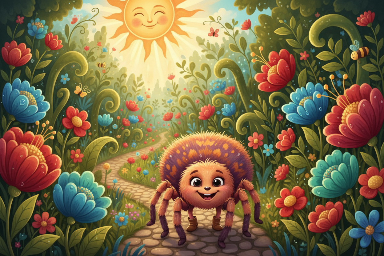 Colorful garden scene with a smiling spider and flowers under a bright sun.