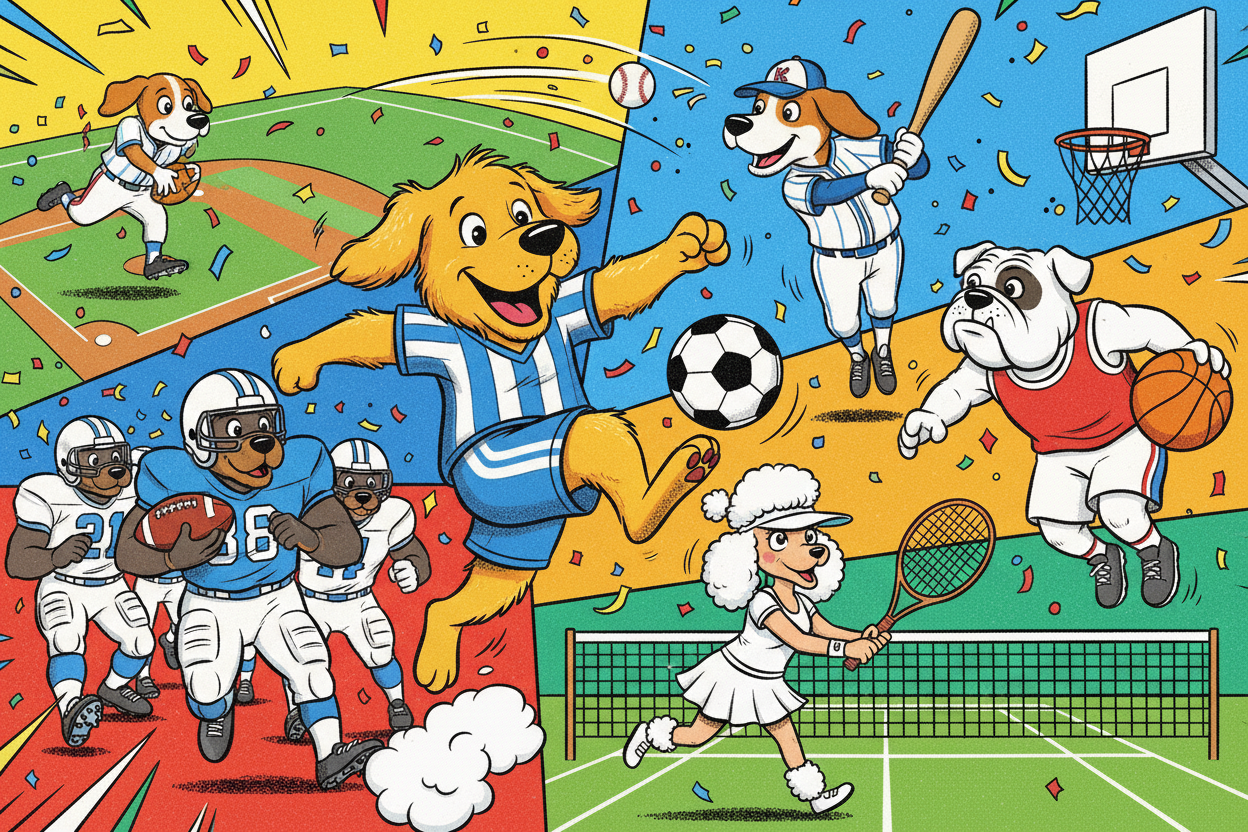 Cartoon illustration of sports-themed characters including a dog playing baseball, football, and soccer, and a bulldog playing basketball.