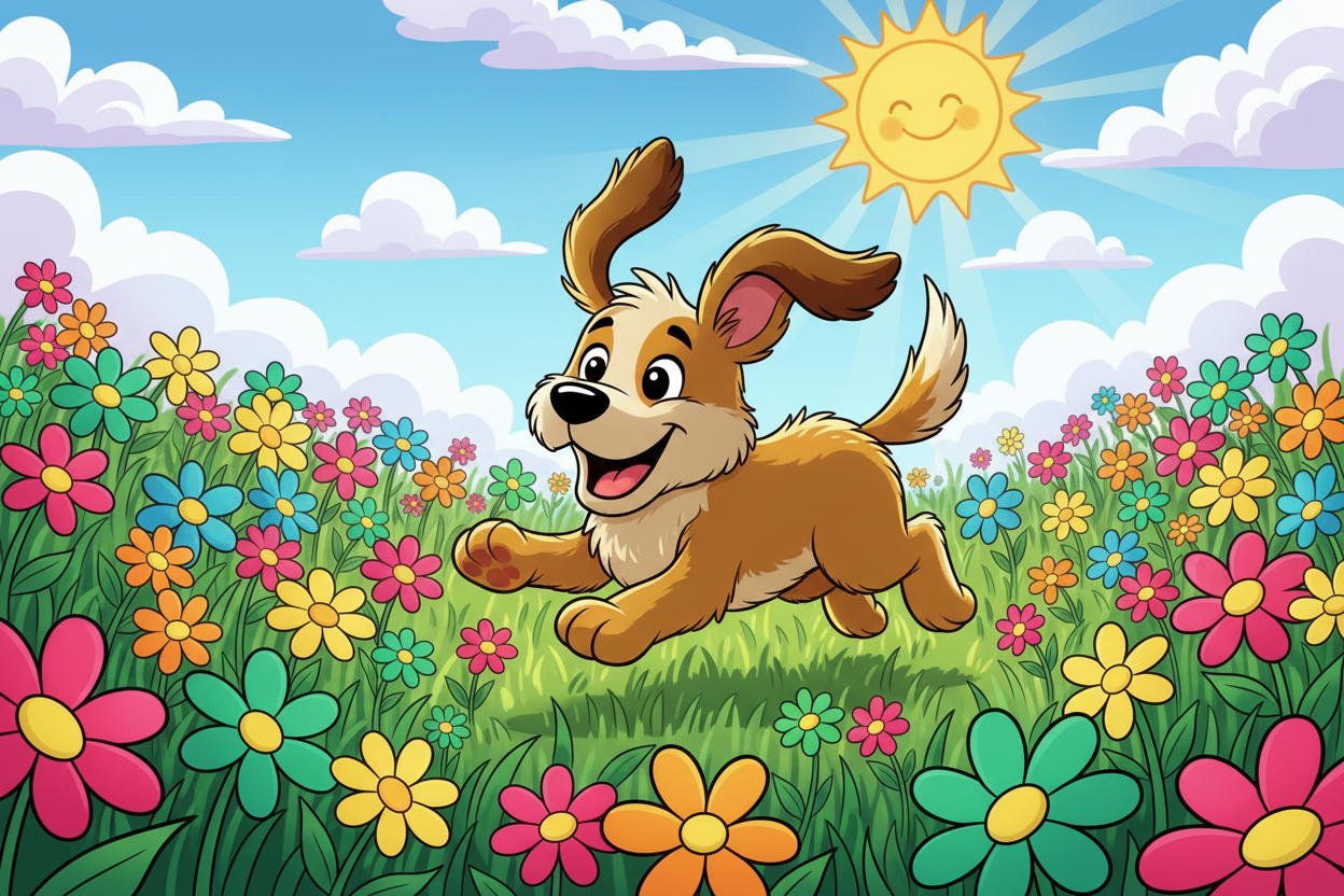 Cartoon dog running through a field of colorful flowers with a smiling sun above.