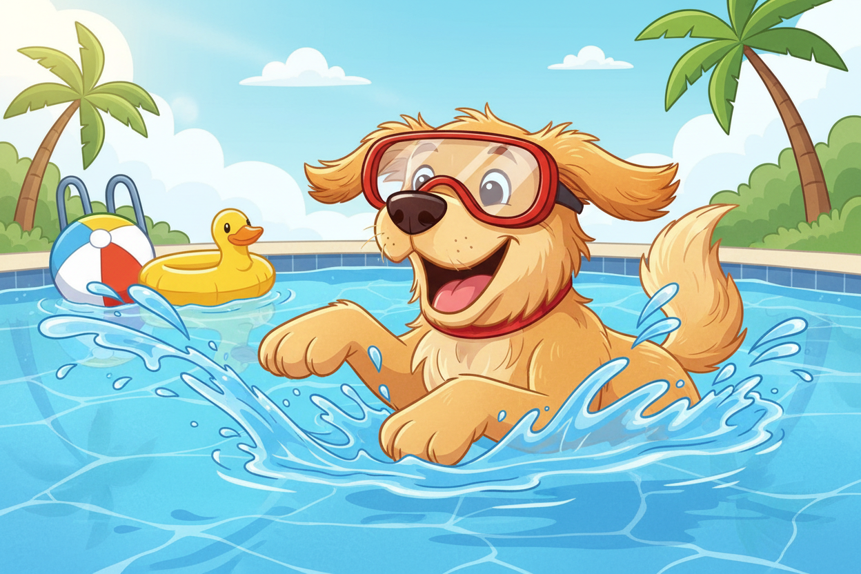 Cartoon dog wearing goggles in a pool with toys and palm trees