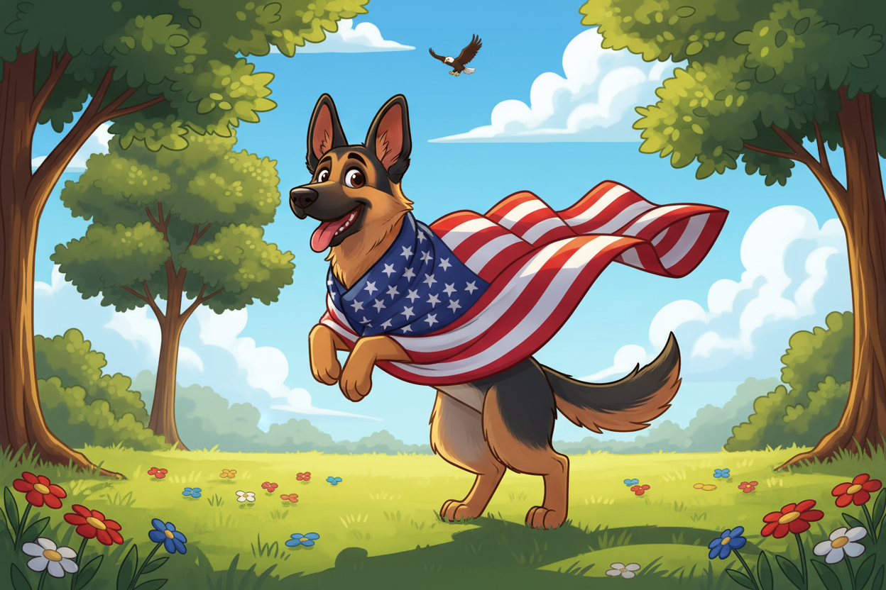 Cartoon German Shepherd with American flag in a park setting